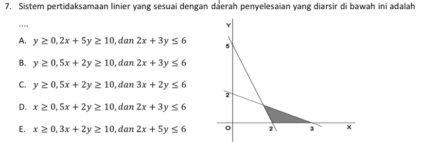 Sistem pertidaksamaan linier yang sesuai dengan daerah penyelesaian yang diarsir di bawah ini adalah
…
A. y≥ 0, 2x+5y≥ 10,dan2x+3y≤ 6
B. y≥ 0, 5x+2y≥ 10 , dan 2x+3y≤ 6
C. y≥ 0, 5x+2y≥ 10 , dan 3x+2y≤ 6
D. x≥ 0, 5x+2y≥ 10 , dan 2x+3y≤ 6
E. x≥ 0, 3x+2y≥ 10 , dan 2x+5y≤ 6