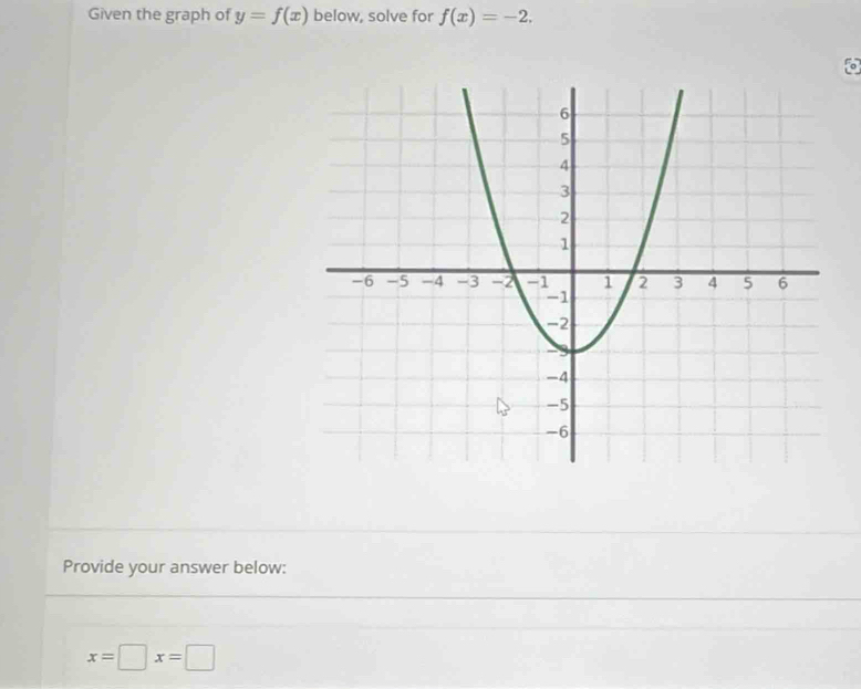 Given the graph of y=f(x) below, solve for f(x)=-2. 
Provide your answer below:
x=□ x=□