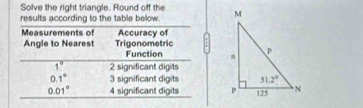Solve the right triangle. Round off the
results according to the table below.