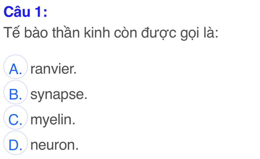 Tế bào thần kinh còn được gọi là:
A. ranvier.
B. synapse.
C. myelin.
D. neuron.