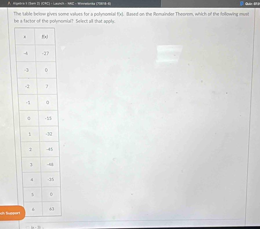 ∧ Algebra II (Sem 2) (CRC) - Launch - NKC - Winnetonka (70618-6) Quiz: 07.0
The table below gives some values for a polynomial f(x) Based on the Remainder Theorem, which of the following must
be a factor of the polynomial? Select all that apply.
ch Suppor
(x-3)