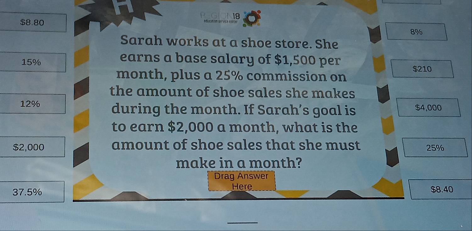 GiO 18
$8.80 éducation sérvice center
8%
Sarah works at a shoe store. She
15%
earns a base salary of $1,500 per
$210
month, plus a 25% commission on 
the amount of shoe sales she makes
12%
during the month. If Sarah’s goal is $4,000
to earn $2,000 a month, what is the
$2,000 amount of shoe sales that she must 25%
make in a month? 
Drag Answer 
Here
37.5% $8.40