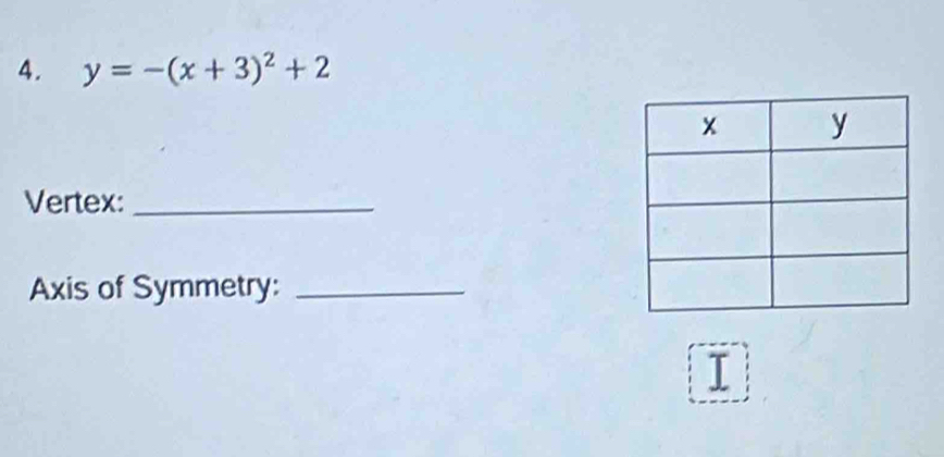 y=-(x+3)^2+2
Vertex:_ 
Axis of Symmetry:_ 
I