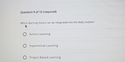 (required)
Which learning theory can be integrated into the daily routine?
Action Learning
Experiential Learning
Project Based Learning