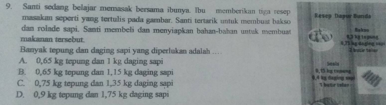 Santi sedang belajar memasak bersama ibunya. Ibu memberikan tiga resep
Resep Dapur Bundo
masakan seperti yang tertulis pada gambar. Santi tertarik untuk membuat bakso
dan rolade sapi. Santi membeli dan menyiapkan bahan-bahan untuk membuat
Bakso
4,5 kg tepung
makanan tersebut. 0,73 kg deging sapi
Banyak tepung dan daging sapi yang diperlukan adalah ....
2 butir telur
A. 0,65 kg tepung dan 1 kg daging sapi Seais
0,15 kg tupang
B. 0,65 kg tepung dan 1,15 kg daging sapi 0,4 kg daging sapi
C. 0,75 kg tepung dan 1,35 kg daging sapi
1 butir tolur
D. 0,9 kg tepung dan 1,75 kg daging sapi