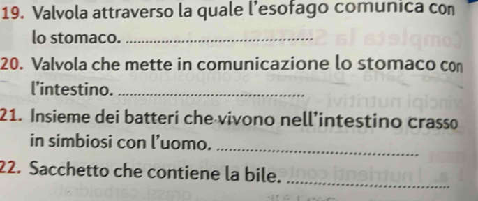 Valvola attraverso la quale l’esofago comunica con 
lo stomaco._ 
20. Valvola che mette in comunicazione lo stomaco con 
l’intestino._ 
21. Insieme dei batteri che vivono nell’intestino crass 
in simbiosi con l’uomo._ 
_ 
22. Sacchetto che contiene la bile.