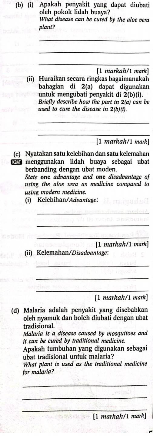 Apakah penyakit yang dapat diubati 
oleh pokok lidah buaya? 
What disease can be cured by the aloe vera 
plant? 
_ 
_ 
_ 
[1 markah/1 mark] 
(ii) Huraikan secara ringkas bagaimanakah 
bahagian di 2(a) dapat digunakan 
untuk mengubati penyakit di 2(b)(i). 
Briefly describe how the part in 2(a) can be 
used to cure the disease in 2(b)(i). 
_ 
_ 
[1 markah/1 mark] 
(c) Nyatakan satu kelebihan dan satu kelemahan 
en menggunakan lidah buaya sebagai ubat 
berbanding dengan ubat moden. 
State one advantage and one disadvantage of 
using the aloe vera as medicine compared to 
using modern medicine. 
(i) Kelebihan/Advantage: 
_ 
_ 
_ 
[1 markah/1 mark] 
(ii) Kelemahan/Disadvantage: 
_ 
_ 
_ 
[1 markah/1 mark] 
(d) Malaria adalah penyakit yang disebabkan 
oleh nyamuk dan boleh diubati dengan ubat 
tradisional. 
Malaria is a disease caused by mosquitoes and 
it can be cured by traditional medicine. 
Apakah tumbuhan yang digunakan sebagai 
ubat tradisional untuk malaria? 
What plant is used as the traditional medicine 
for malaria? 
_ 
_ 
_ 
[1 markah/1 mark]