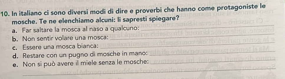 In italiano ci sono diversi modi di dire e proverbi che hanno come protagoniste le 
mosche. Te ne elenchiamo alcuni: li sapresti spiegare? 
_ 
a. Far saltare la mosca al naso a qualcuno: 
_ 
b. Non sentir volare una mosca: 
_ 
c. Essere una mosca bianca: 
_ 
_ 
d. Restare con un pugno di mosche in mano: 
_ 
e. Non si può avere il miele senza le mosche: