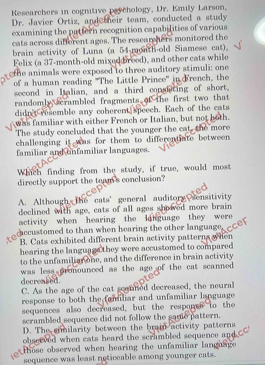 Researchers in cognitive psychology, Dr. Emily Larson,
Dr. Javier Ortiz, and their team, conducted a study
examining the pattern recognition capabilities of various
cats across different ages. The researchers monitored the
brain activity of Luna (a 54-month -old Siamese cat),
Felix (a 37-month-old mixed breed), and other cats while
the animals were exposed to three auditory stimuli: one
of a human reading 'The Little Prince' in French, the
second in Italian, and a third consisting of short,
randomly scrambled fragments of the first two that
didn't resemble any coherent speech. Each of the cats
was familiar with either French or Italian, but not both.
The study concluded that the younger the cat, the more
challenging it was for them to differentiate between 
familiar and unfamiliar languages.
Which finding from the study, if true, would most
directly support the team's conclusion?
A. Although the cats’general auditory sensitivity
declined with age, cats of all ages showed more brain
activity when hearing the language they were
accustomed to than when hearing the other language.
B. Cats exhibited different brain activity patterns when
hearing the language they were accustomed to compared
to the unfamiliar one, and the difference in brain activity
was less pronounced as the age of the cat scanned 
decreased.
C. As the age of the cat scanned decreased, the neural
response to both the familiar and unfamiliar language
sequences also decreased, but the response to the
scrambled sequence did not follow the same pattern.
D. The similarity between the brain activity patterns
observed when cats heard the scrambled sequence and 
those observed when hearing the unfamiliar language
sequence was least noticeable among younger cats.