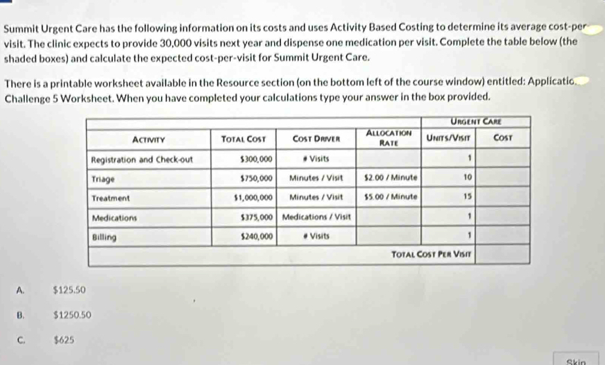 Summit Urgent Care has the following information on its costs and uses Activity Based Costing to determine its average cost-per
visit. The clinic expects to provide 30,000 visits next year and dispense one medication per visit. Complete the table below (the
shaded boxes) and calculate the expected cost-per-visit for Summit Urgent Care.
There is a printable worksheet available in the Resource section (on the bottom left of the course window) entitled: Applicatic.
Challenge 5 Worksheet. When you have completed your calculations type your answer in the box provided.
A. $125.50
B. $1250.50
C. $625
Skin