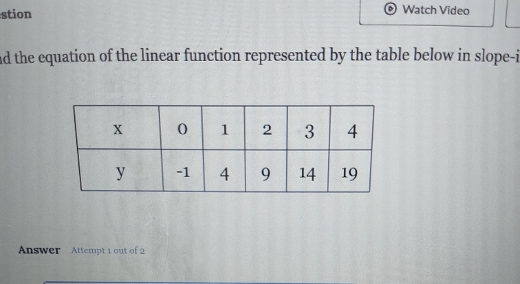 stion 
Watch Video 
nd the equation of the linear function represented by the table below in slope-i 
Answer Attempt 1 out of 2