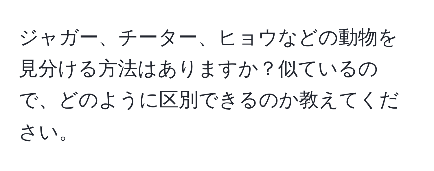 ジャガー、チーター、ヒョウなどの動物を見分ける方法はありますか？似ているので、どのように区別できるのか教えてください。