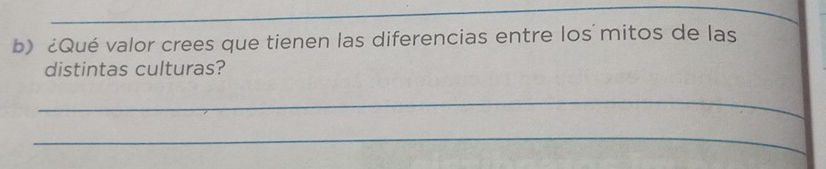 ¿Qué valor crees que tienen las diferencias entre los mitos de las 
distintas culturas? 
_ 
_