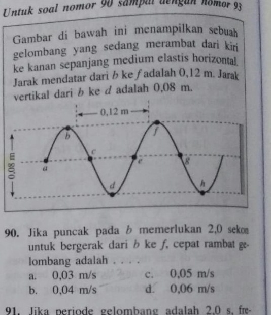 Untuk soal nomor 90 sampai aengan nomor 93
Gambar di bawah ini menampilkan sebuah
gelombang yang sedang merambat dari kiri
ke kanan sepanjang medium elastis horizontal.
Jarak mendatar dari b ke fadalah 0,12 m. Jarak
vertikal dari b ke d adalah 0,08 m.
90. Jika puncak pada b memerlukan 2,0 sekon
untuk bergerak dari b ke ƒ, cepat rambat ge-
lombang adalah . . . .
a. 0,03 m/s c. 0,05 m/s
b. 0,04 m/s d. 0,06 m/s
91. Jika periode gelombang adalah 2.0 s. fæ-