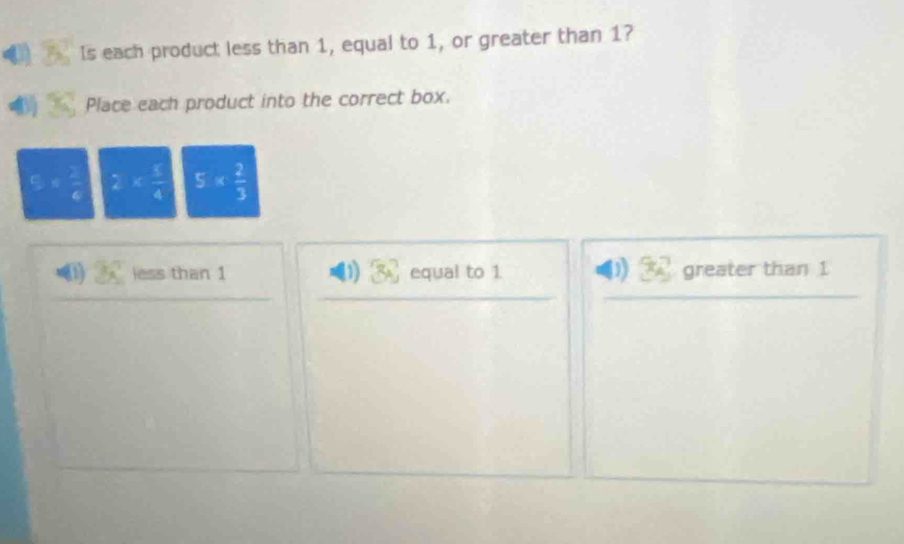 Is each product less than 1, equal to 1, or greater than 1?
Place each product into the correct box.
S.8 2/6  2 5*  2/3 
0) 2x less than 1 (1) 3x^3 equal to 1 D 32 greater than 1