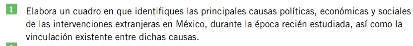 Elabora un cuadro en que identifiques las principales causas políticas, económicas y sociales 
de las intervenciones extranjeras en México, durante la época recién estudiada, así como la 
vinculación existente entre dichas causas.