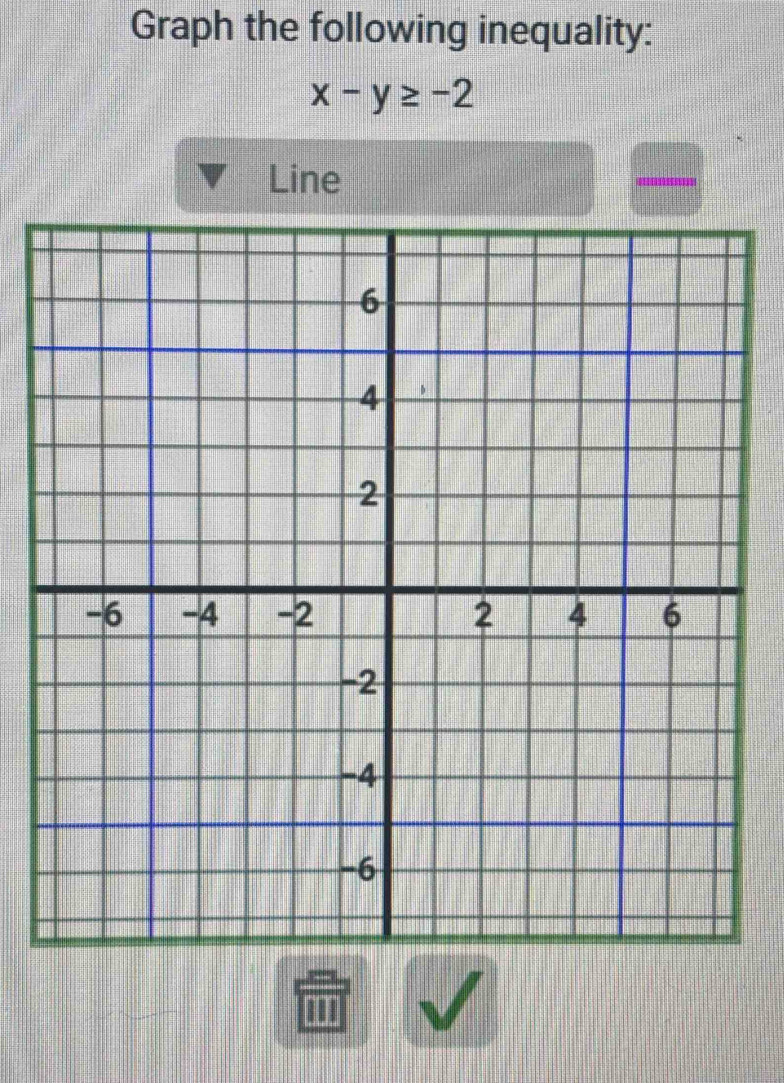 Graph the following inequality:
x-y≥ -2
Line