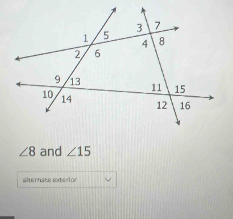∠ 8 and ∠ 15
alternate exterior