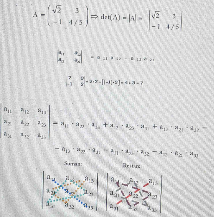 A=beginpmatrix sqrt(2)&3 -1&4/5endpmatrix Rightarrow detbeginpmatrix Aendpmatrix =beginvmatrix sqrt(2)&3 -1&4/5endvmatrix
beginvmatrix a_11&a_12 a_11&a_22endvmatrix =a_11a_22-a_12a_21
beginvmatrix 2&3 -1&2endvmatrix =2· 2-[(-1)· 3]=4+3=7
beginvmatrix a_11&a_12&a_13 a_21&a_22&a_23 a_31&a_32&a_33endvmatrix =a_11· a_22· a_33+a_12· a_23· a_31+a_13· a_21· a_32-
-a_13· a_22· a_31-a_11· a_23· a_32-a_12· a_21· a_33
Suman: Restan: