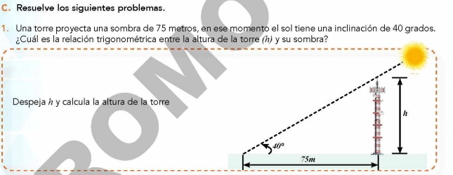 Resuelve los siguientes problemas.
1. Una torre proyecta una sombra de 75 metros, en ese momento el sol tiene una inclinación de 40 grados.
¿Cuál es la relación trigonométrica entre la altura de la torre (h) y su sombra?
Despeja h y calcula la altura de la torre