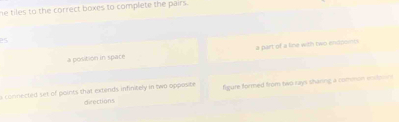 he tiles to the correct boxes to complete the pairs.
es
a position in space a part of a line with two endpoints
a connected set of points that extends infinitely in two opposite figure formed from two rays sharing a common eoslpsin 
directions