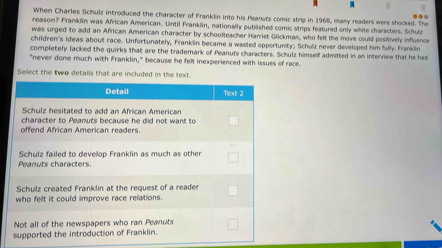 When Charles Schulz introduced the character of Franklin into his Peanuts comic strip in 1968, many readers were shocked. The 
reason? Franklin was African American. Until Franklin, nationally published comic strips featured only white characters. Schulz 
was urged to add an African American character by schoolteacher Harriet Glickman, who felt the move could positively influence 
children's ideas about race. Unfortunately, Franklin became a wasted opportunity; Schulz never developed him fully. Franklin 
completely lacked the quirks that are the trademark of Peanuts characters. Schulz himself admitted in an interview that he had 
"never done much with Franklin," because he felt inexperienced with issues of race. 
Select the two details that are included in the text.