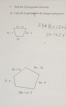 Soit les 2 polygones suivants
a)  Calcule le périmètre de chaque polygone