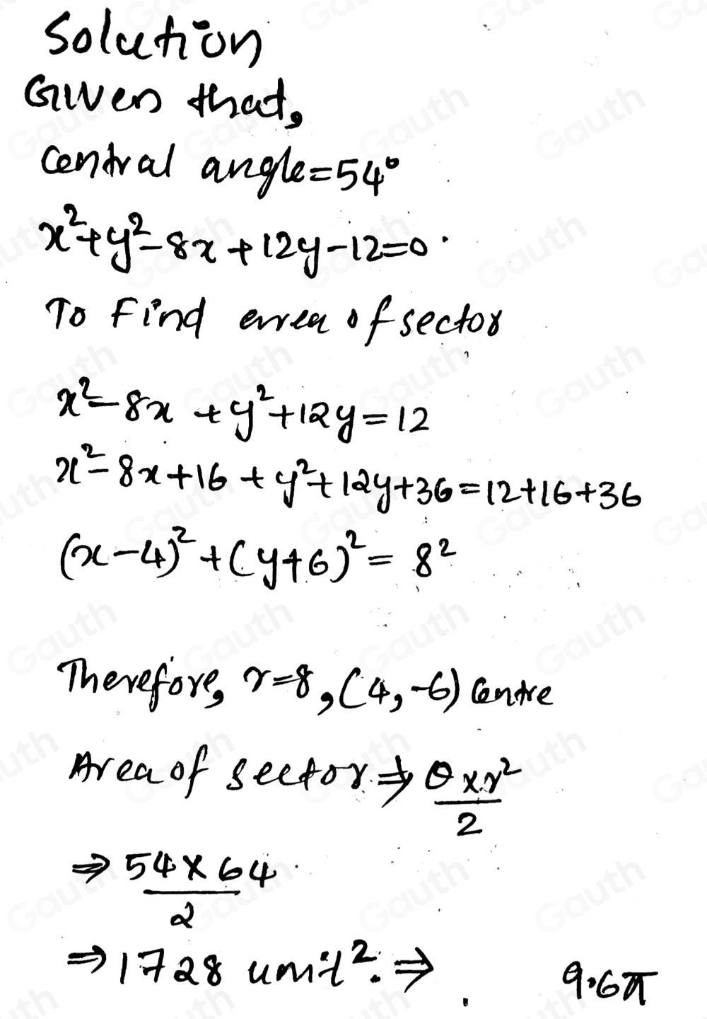 Solved: What is the area of the sector defined by a central angle of 54 ...