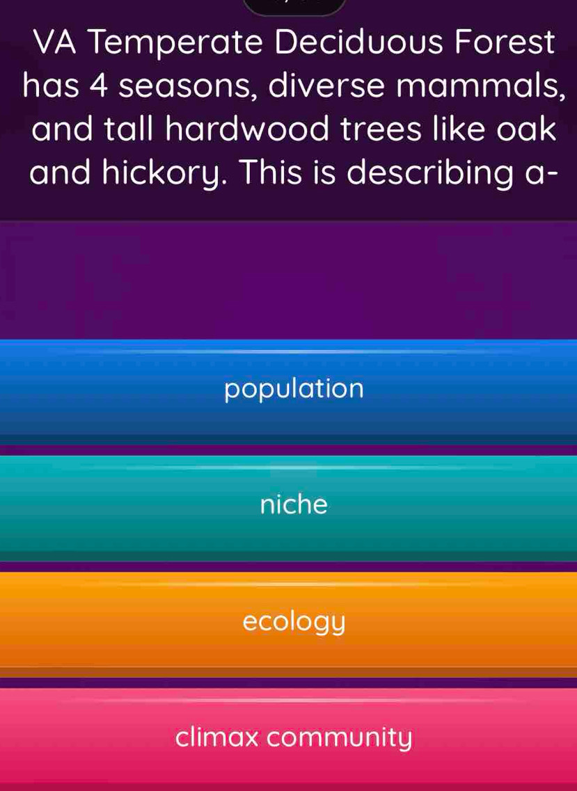 VA Temperate Deciduous Forest
has 4 seasons, diverse mammals,
and tall hardwood trees like oak 
and hickory. This is describing a-
population
niche
ecology
climax community