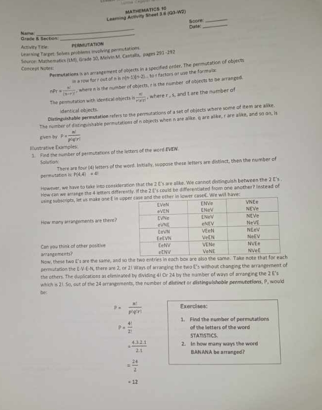 Solved: MATHEMATICS 10 Leaming Activity Sheet 3.6 (Q3-W2)_ Score Date ...