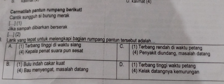 kalimal (2) D. kalımat (4)
Cermatilah pantun rumpang berikut!
Cantik sungguh si burung merak
[…] (1)
Jika sampah dibiarkan berserak
[…] (2)
8.at untuk melengkapi bagian rumpan