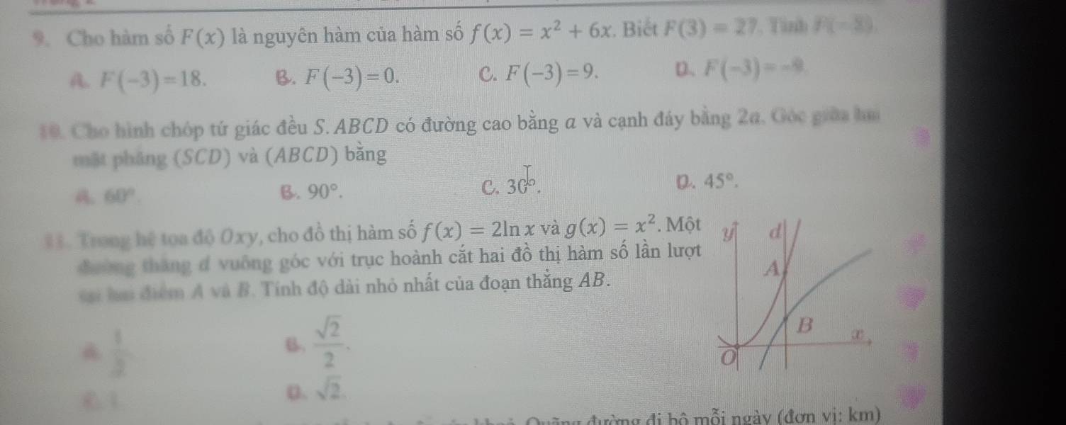 Cho hàm số F(x) là nguyên hàm của hàm số f(x)=x^2+6x. Biết F(3)=27. Tình P(-8).
A. F(-3)=18. B. F(-3)=0. C. F(-3)=9. D. F(-3)=-9
10. Cho hình chóp tứ giác đều S. ABCD có đường cao bằng a và cạnh đáy bằng 2a. Góc giữa h
mặt pháng (SCD) và (ABCD) bằng
A. 60°. B. 90°.
C. 30°.
D. 45°. 
#1 Trong hệ toa độ Oxy, cho đồ thị hàm số f(x)=2ln x và g(x)=x^2. Một
đường tháng đ vuống góc với trục hoành cắt hai đồ thị hàm số lần lượt
sai hai điểm A và B. Tính độ dài nhỏ nhất của đoạn thẳng AB.
 1/3 
B.  sqrt(2)/2 .
C. 1
o. sqrt(2). 
đường đi bộ mỗi ngày (đơn vi: km)