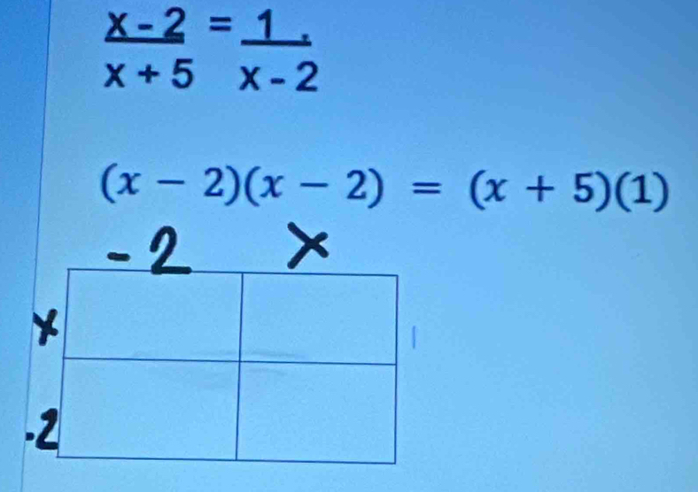  (x-2)/x+5 = 1/x-2 
(x-2)(x-2)=(x+5)(1)
C