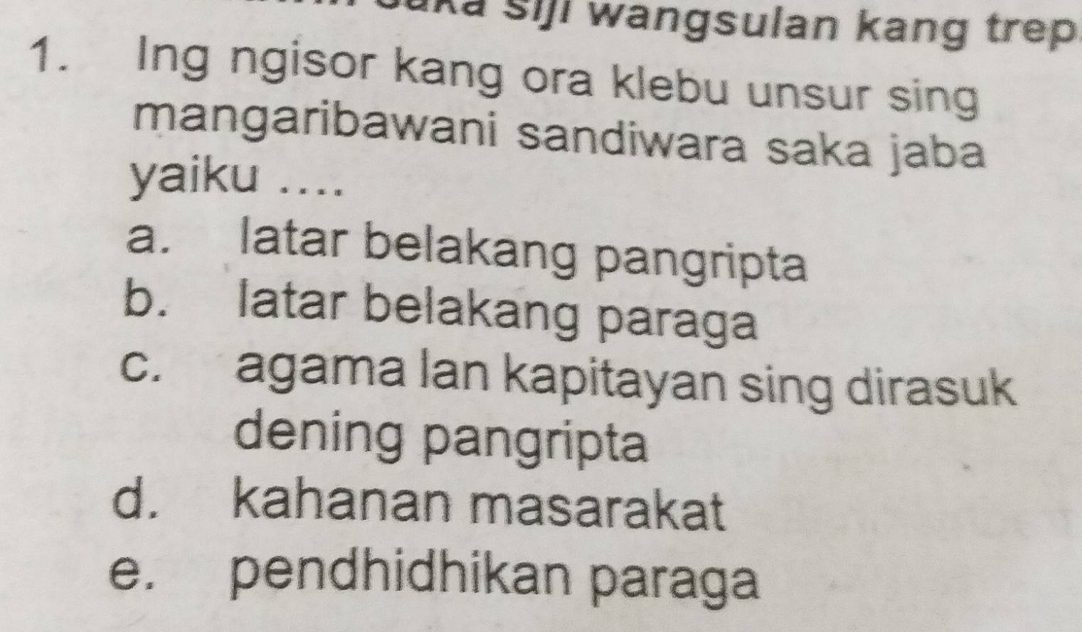 aka šiji wangsulan kang trep 
1. Ing ngisor kang ora klebu unsur sing
mangaribawani sandiwara saka jaba
yaiku ....
a. latar belakang pangripta
b. latar belakang paraga
c. agama lan kapitayan sing dirasuk
dening pangripta
d. kahanan masarakat
e. pendhidhikan paraga