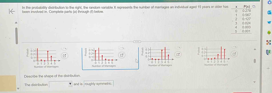 In the probability distribution to the right, the random variable X represents the number of marriages an individual aged 15 years or older has 
been involved in. Complete parts (a) through (f) below.
beginarrayr -beginarrayr 1 * endarray beginarrayr beginarrayr 8150.0endarray endarray endarray endarray =0 -1026 hline 03 30000 3000 4000 5endarray endarray 
^ 
: 


Number of Mamages Number of Marriages Number r of Marrages Number of Mamages 
+ 
Describe the shape of the distribution. 
The distribution and is roughly symmetric.