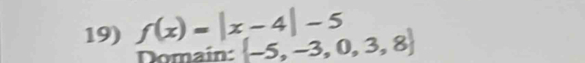 f(x)=|x-4|-5
Domain:  -5,-3,0,3,8