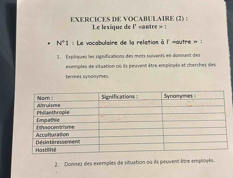 EXERCICES DE VOCABULAIRE (2) : 
Le lexique de l’ «autre » :
N° 1 : Le vocabulaire de la relation à l' «autre » : 
1. Expliquez les significations des mots suivants en donnant des 
exemples de situation où ils peuvent être employés et cherchez des 
termes synonymes. 
2. Donnez des exemples de situation où ils peuvent être employés.