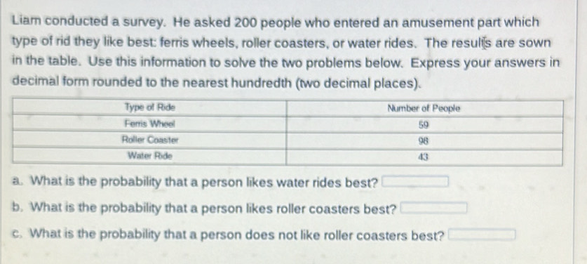 Liam conducted a survey. He asked 200 people who entered an amusement part which 
type of rid they like best: ferris wheels, roller coasters, or water rides. The resulis are sown 
in the table. Use this information to solve the two problems below. Express your answers in 
decimal form rounded to the nearest hundredth (two decimal places). 
a. What is the probability that a person likes water rides best? □ 
b. What is the probability that a person likes roller coasters best? □ 
c. What is the probability that a person does not like roller coasters best? □