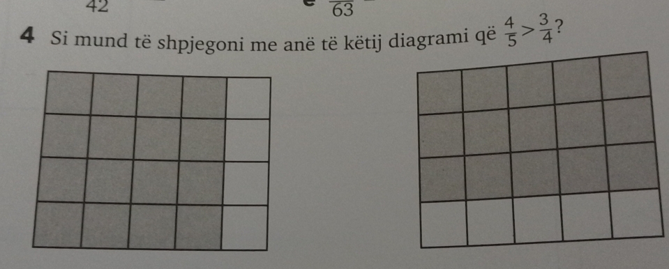 42 
63 
4 Si mund të shpjegoni me anë të këtij diagrami që  4/5 > 3/4  ?