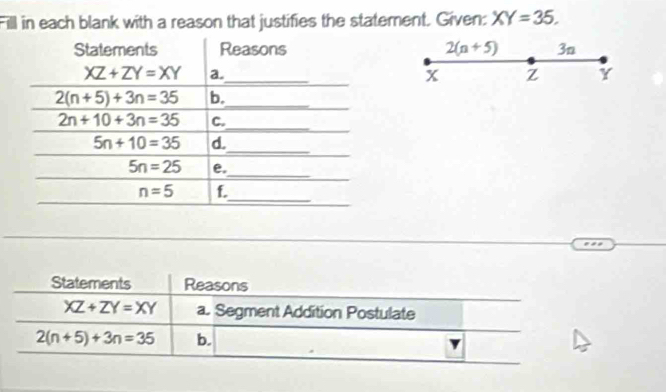 Fill in each blank with a reason that justifies the statement. Given: XY=35.
2(n+5) 3n
x Z Y
Statements Reasons
XZ+ZY=XY a. Segment Addition Postulate
frac □ 
2(n+5)+3n=35 b. _ 