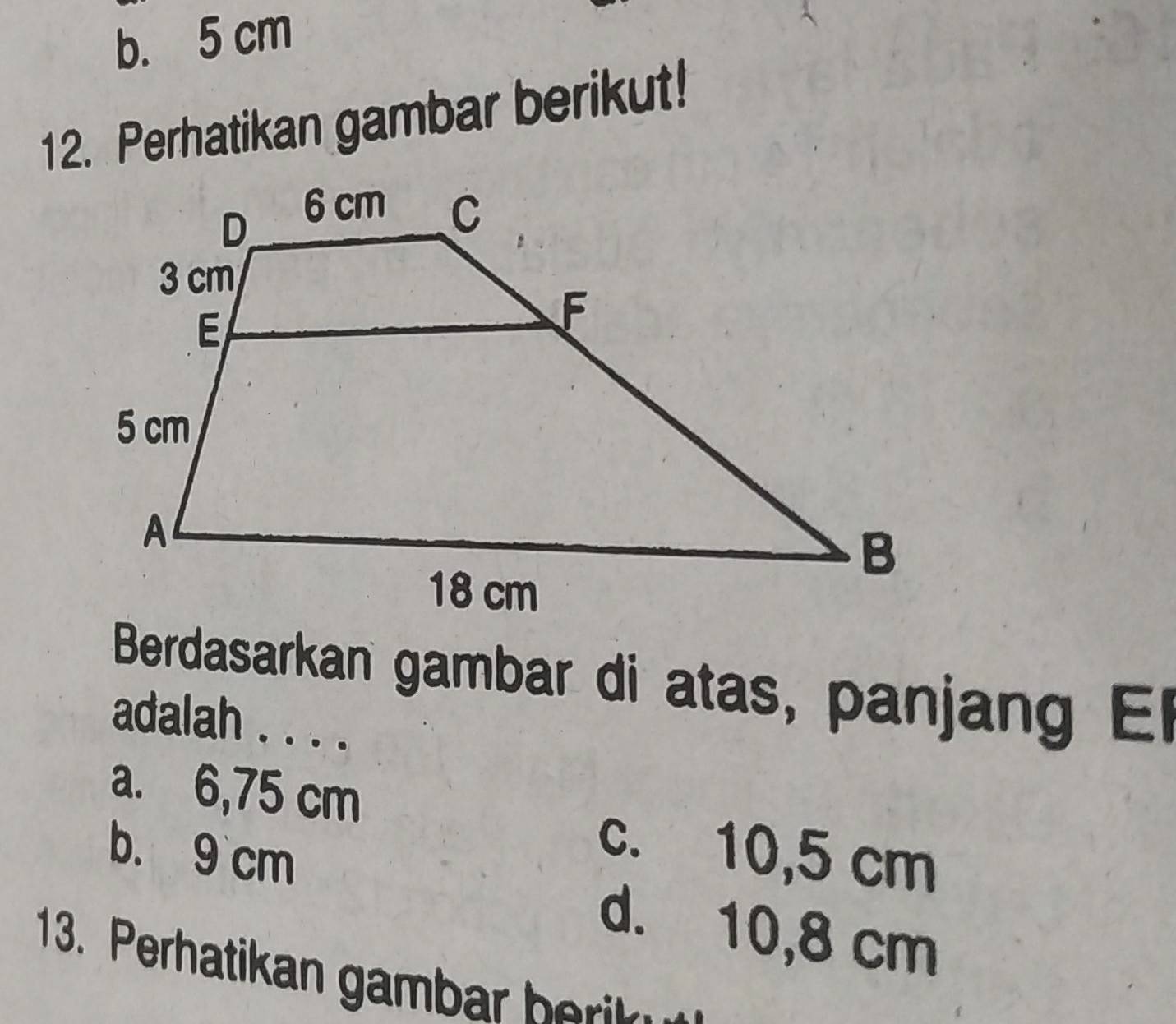 b. 5 cm
12. Perhatikan gambar berikut!
Berdasarkan gambar di atas, panjang El
adalah . . . .
a. 6,75 cm
b. 9 cm
c. 10,5 cm
d. 10,8 cm
13. Perhatikan gambar bei