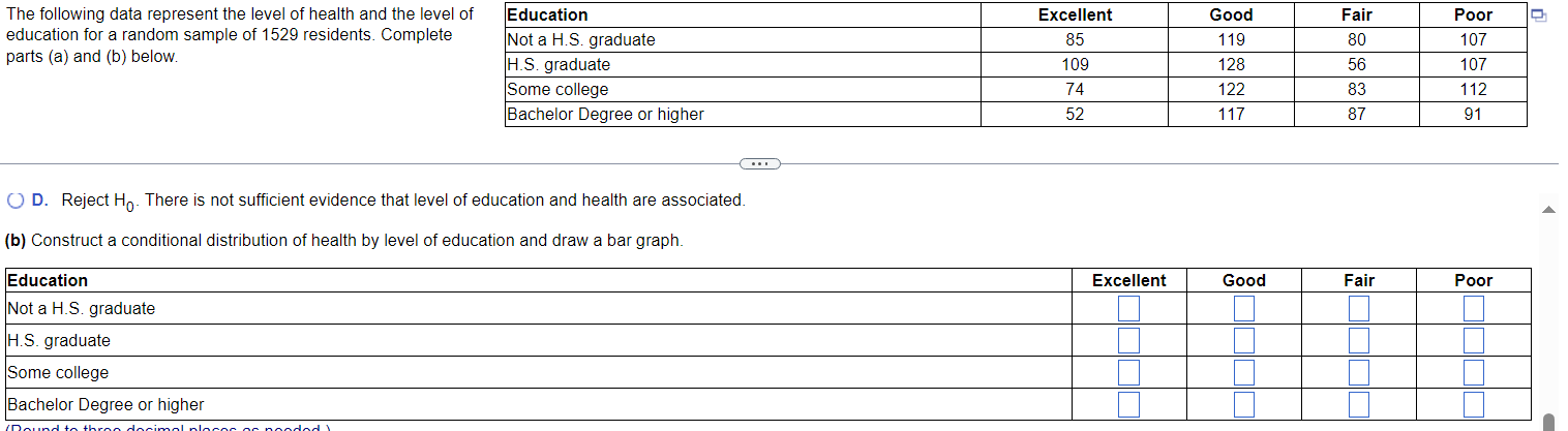 The following data represent the level of health and the 
education for a random sample of 1529 residents. Com 
parts (a) and (b) below. 
D. Reject H_0. There is not sufficient evidence that level of education and health are associated. 
(b) Construct a conditional distribution of health by level of education and draw a bar graph.
H