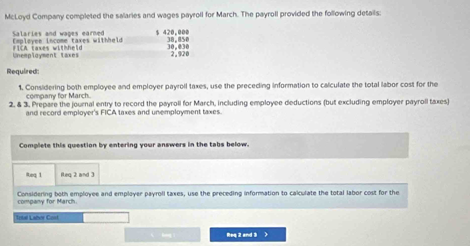 McLoyd Company completed the salaries and wages payroll for March. The payroll provided the following details: 
Salaries and wages earned $ 420,000
Employee income taxes withheld 38,850
FICA taxes withheld 30,030
Unemployment taxes 2,920
Required: 
1. Considering both employee and employer payroll taxes, use the preceding information to calculate the total labor cost for the 
company for March. 
2. & 3. Prepare the journal entry to record the payroll for March, including employee deductions (but excluding employer payroll taxes) 
and record employer's FICA taxes and unemployment taxes. 
Complete this question by entering your answers in the tabs below, 
Req 1 Req 2 and 3
Considering both employee and employer payroll taxes, use the preceding information to calculate the total labor cost for the 
company for March. 
Total Labor Cont 
Gg 1 Req 2 and 3