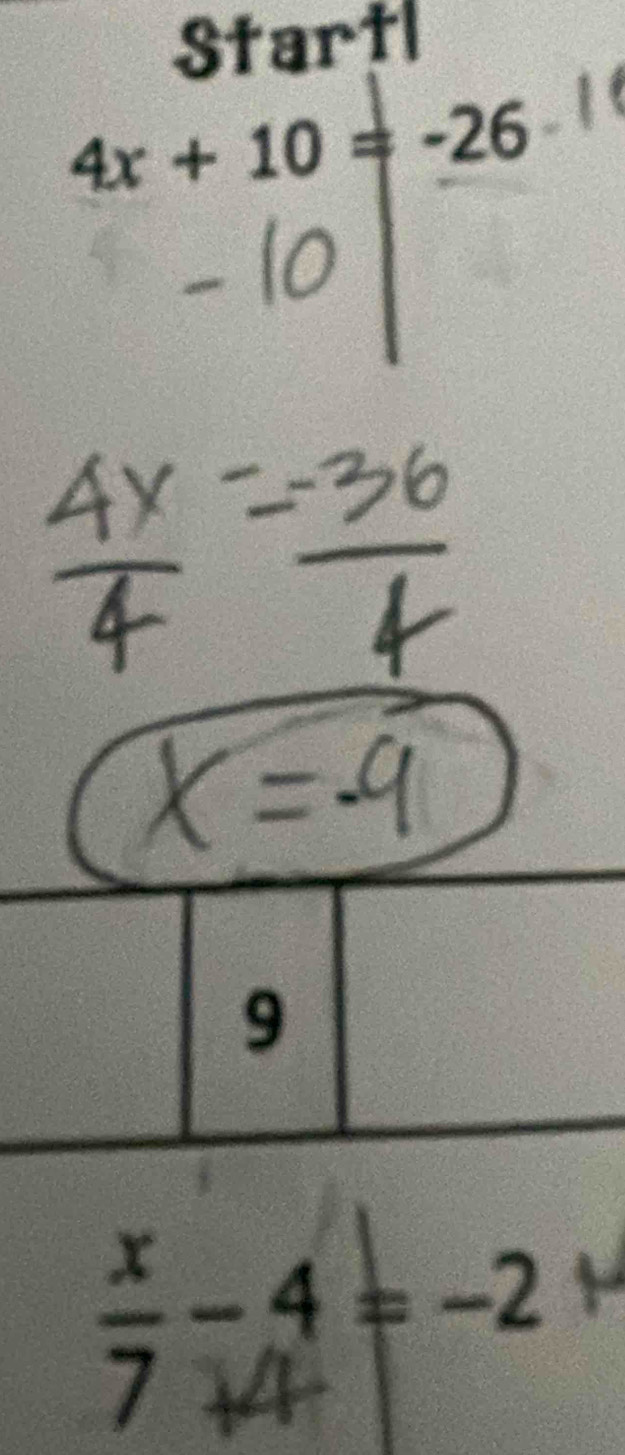 Startl
4x+10=-26
-2