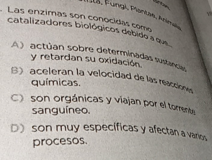 lantae
18
Las enzimas son conócidas como
catalizadores biológicos debido a que...
A) actúan sobre determinadas sustanciass
y retardan su oxidación.
aceleran la velocidad de las reacciones
químicas.
C) son orgánicas y viajan por el torrente
sanguíneo.
D)son muy específicas y afectan a varlos
procesos.