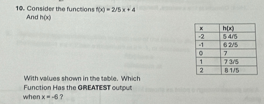 Consider the functions f(x)=2/5x+4
And h(x)
With values shown in the table. Which
Function Has the GREATEST output
when x=-6 ？