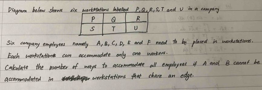 Diagram below shows six wortstations labelled P, Q, R, S, T and v in a company 
Six company employees namely A, B, C, D, E and F need to be placed in workstations. 
Each workstations can accommodate only one workers. 
Calculate the number of ways to accommodate all employees if A and B cannot be 
accommodated in workstations that share an edge.