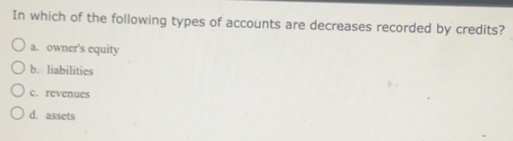 Solved: In which of the following types of accounts are decreases ...