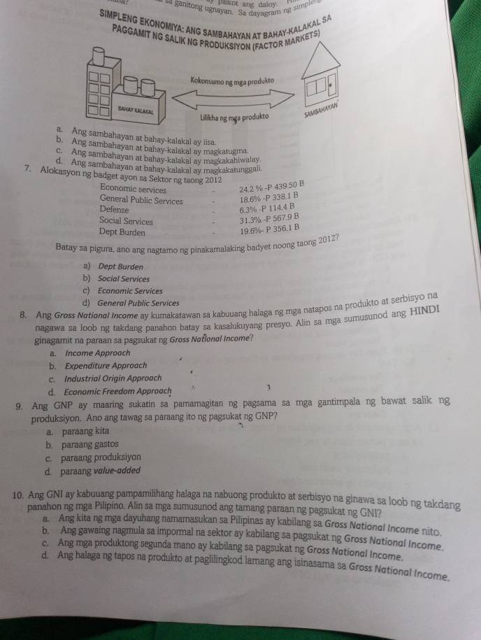 paikot ang daloy. 
□   = ganitong ugnayan. Sa dayagram ng simpler 
SIMPLENG EKONOMIYA: ANG SAMBAHAYAN AT BAHAY-KALAKAL SA
PAGGAMIT NG SAKETS)
e
BAMAYAN
a. Ang sambahayan at bahay-kalakal ay iisa.
b. Ang sambahayan at bahay-kalakal ay magkatugma.
c. Ang sambahayan at bahay-kalakal ay magkakahiwalay.
d Ang sambahayan at bahay-kalakal ay magkakatunggali.
7. Alokasyon ng badget ayon sa Sektor ng taong 2012 24.2% -P439.50B
Economic services 18.6% -P338.1B
General Public Services 6.3% -P114.4B
Defense 31.3% -P567.9B
Social Services
Dept Burden
19.6% -P356.1B
Batay sa pigura, ano ang nagtamo ng pinakamalaking badyet noong taong 20127
a) Dept Burden
b) Social Services
c) Economic Services
d) General Public Services
8. Ang Gross Notional Income ay kumakatawan sa kabuuang halaga ng mga natapos na produkto at serbisyo na
nagawa sa loob ng takdang panahon batay sa kasalukuyang presyo. Alin sa mga sumusunod ang HINDI
ginagamit na paraan sa pagsukat ng Gross Noflonol Income?
a. Income Approach
b. Expenditure Approach
c. Industrial Origin Approach
d. Economic Freedom Approach
9. Ang GNP ay maaring sukatin sa pamamagitan ng pagsama sa mga gantimpala ng bawat salik ng
produksiyon. Ano ang tawag sa paraang ito ng pagsukat ng GNP?
a. paraang kita
b. paraang gastos
c. paraang produksiyon
d. paraang value-added
10. Ang GNI ay kabuuang pampamilihang halaga na nabuong produkto at serbisyo na ginawa sa loob ng takdang
panahon ng mga Pilipino. Alin sa mga sumusunod ang tamang paraan ng pagsukat ng GNI?
a. Ang kita ng mga dayuhang namamasukan sa Pilipinas ay kabilang sa Gross Nσtional Income nito
b. Ang gawaing nagmula sa impormal na sektor ay kabilang sa pagsukat ng Gross Notionaí Income.
c. Ang mga produktong segunda mano ay kabilang sa pagsukat ng Gross Nαtional Income.
d. Ang halaga ng tapos na produkto at paglilingkod lamang ang isinasama sa Gross Nαtional Income.