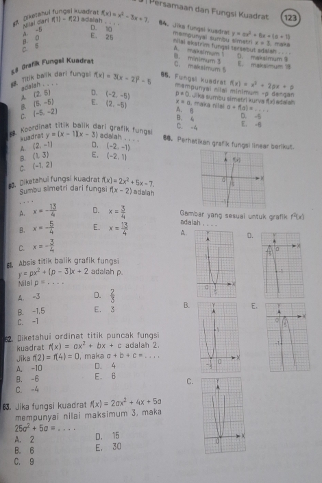 Persamaan dan Fungsi Kuadrat 123
Nilai dari f(1)-f(2) adalah . . ..
nA D. 10
Diketahui fungsi kuadrat f(x)=x^2-3x+7. 64. Jika fungsl kusdrat mempunyal sumbu simetri y=ax^2+6x+(a+1) x=3 maka
A.
C. 5 B. C E. 25
nilai ekstrim fungsl tarsebut adalah . . . .
A. maksimum 1
D. maksimum 9
K8 Grafik Fungsi Kuadrat
B. minimum 3 C. maksimum 5
E. maksimum 18
g. Titik balik dari fungsi f(x)=3(x-2)^2-5 65. Fungsi kuadrat f(x)=x^2+2px+p
adalah . . . .
mempunyai nilai minimum -p dangan
A. (2,5) D.
B. (5,-5) E. (-2,-5) p!= 0. *  Jika sumbu simetri kurva
C. (-5,-2) (2,-5) x=0 maka nilal a+f(a)= _ x≤ 6 f(x) adalah
A. B
B. 4
D. -5
C. -4
E. -6
kuadrat
*, Koordinat titik balik dari grafik fungs y=(x-1)(x-3) adalah . . . . 66. Perhatikan grafik fungsi linear berikut.
A. (2,-1) D.
B. (1,3) E. (-2,-1)
C. (-1,2) (-2,1)
^ f(x)
6. Diketahui fungsi kuadrat f(x)=2x^2+5x-7. 0 ×
Sumbu simetri dari fungsi f(x-2) adalah
-1
A. x=- 13/4  D. x= 3/4  Gambar yang sesual untuk grafik f^2(x)
B. x=- 5/4  E. x= 13/4 
adalah . . . .
C. x=- 3/4  A.D.
€L Absis titik balik grafik fungsi
y=px^2+(p-3)x+2 adalah p.
Nilai p=... _
A. -3 D.  2/3 
B. -1,5 E. 3 B.E.
C. -1
82. Diketahui ordinat titik puncak fungsi 
kuadrat f(x)=ax^2+bx+c adalah 2.
Jika f(2)=f(4)=0 , maka a+b+c= .... _
A. -10 D. 4 
B. -6 E. 6 C.
C. -4
63. Jika fungsi kuadrat f(x)=2ax^2+4x+5a
mempunyai nilai maksimum 3, maka
25a^2+5a= _
A. 2 D. 15
B. 6 E. 30
C. 9